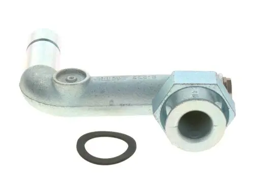 Rohrrücklauf von Bosch mit einem gebogenen Ende, einer Anschlussmutter und einem O-Ring, geeignet für verschiedene Anwendungen im Maschinenbau.